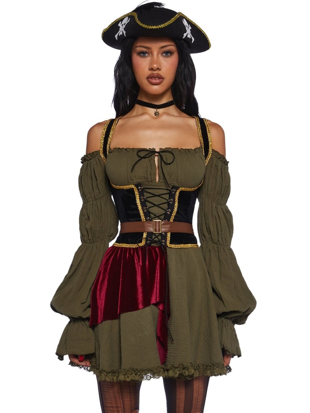 Pirate Black Velvet & Olive Peasant Tunic with Burgundy Velvet Skirt